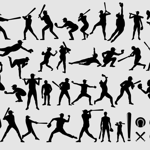 Baseball players silhouette, baseball svg, pitcher, catcher, baseball league, softball clip arts set Vector File svg, eps, dxf, ai, pdf, png