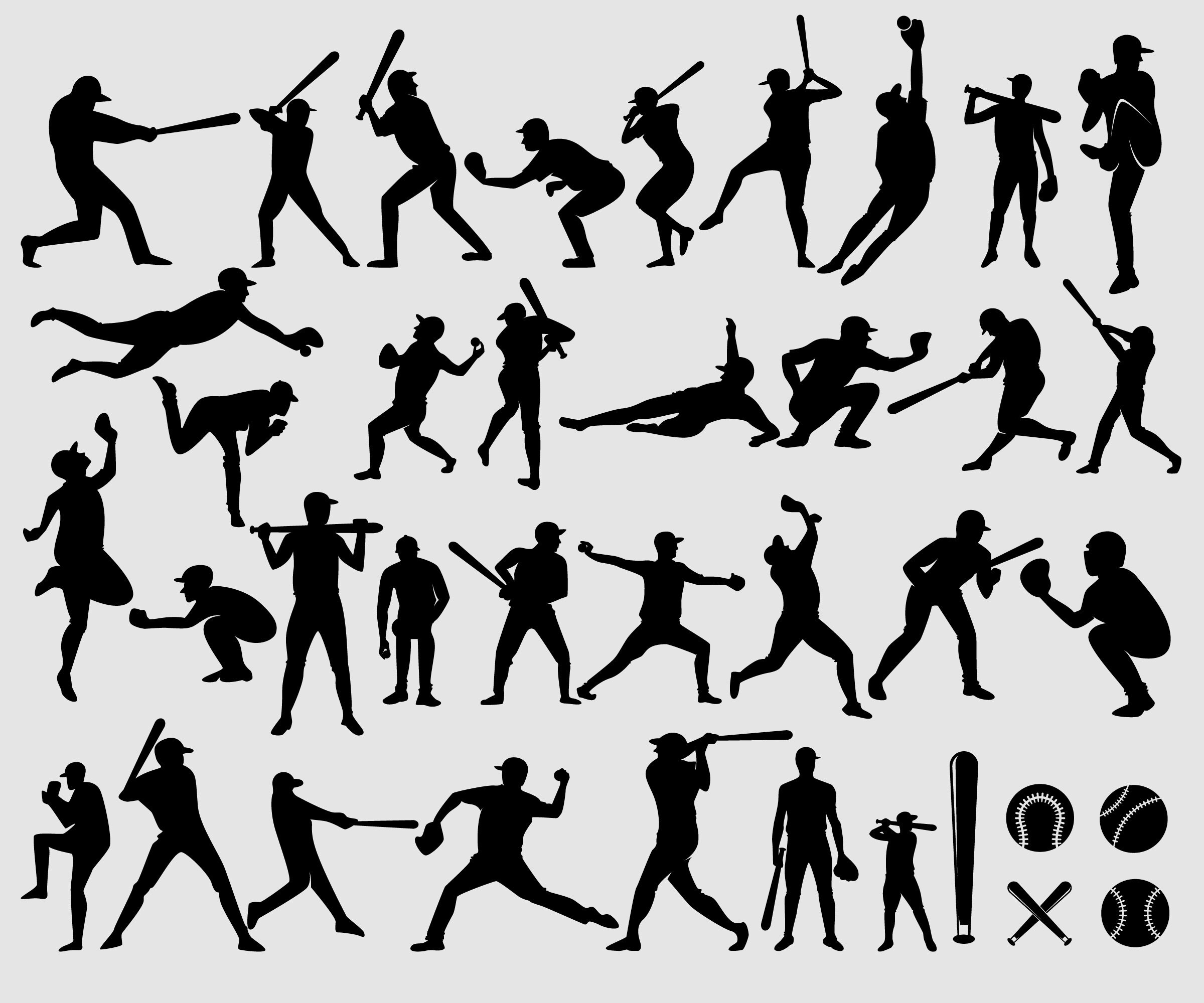 Baseball players silhouette, baseball svg, pitcher, catcher, baseball league, softball clip arts set Vector File svg, eps, dxf, ai, pdf, png