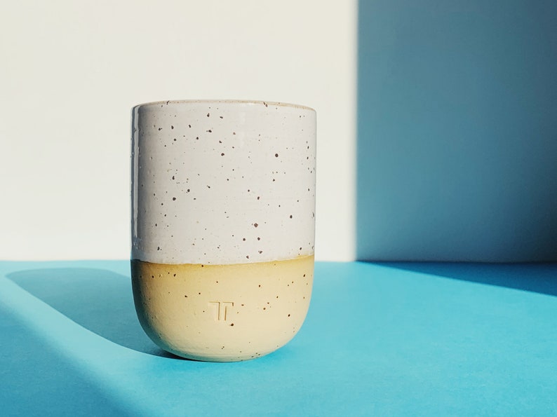 Minimalist mug for coffee, tea // handmade mug with white glaze and small dots // wine mug image 1