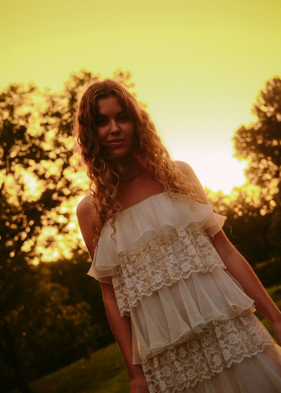 Vintage Cream Dress - Tiered lace ruffles