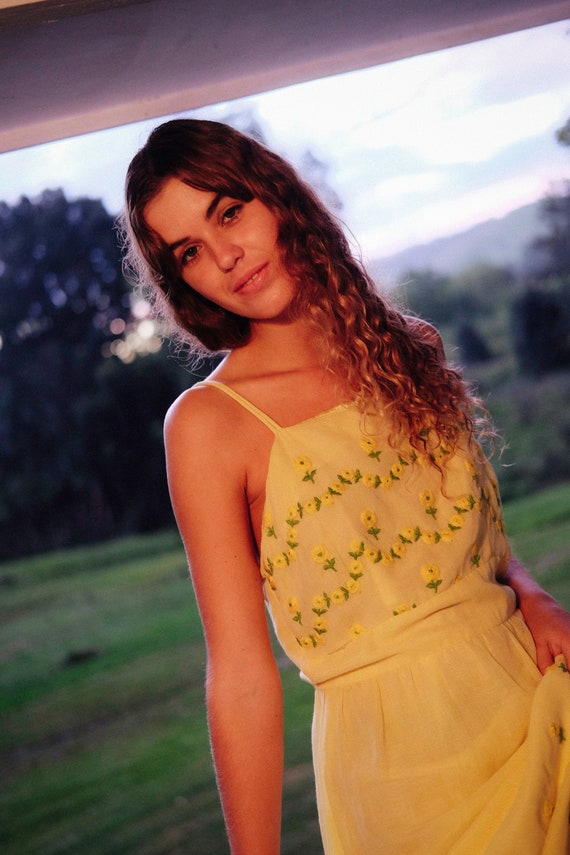 Cotton Maxi Dress - '70s - Lemon