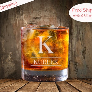 Monogram Engraved Whiskey Glass, Anniversary Gifts for Him, Personalized Glassware for Home Bars, Custom Whiskey Glass, Etched Rocks Glass