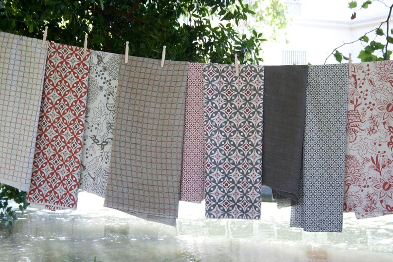 Elmas Charcoal Grey Indian Rust Cotton Flax Fabric Geometric Fabric Grey Fabric Mid Century Fabric Scandinavian Fabric Red Mid Century