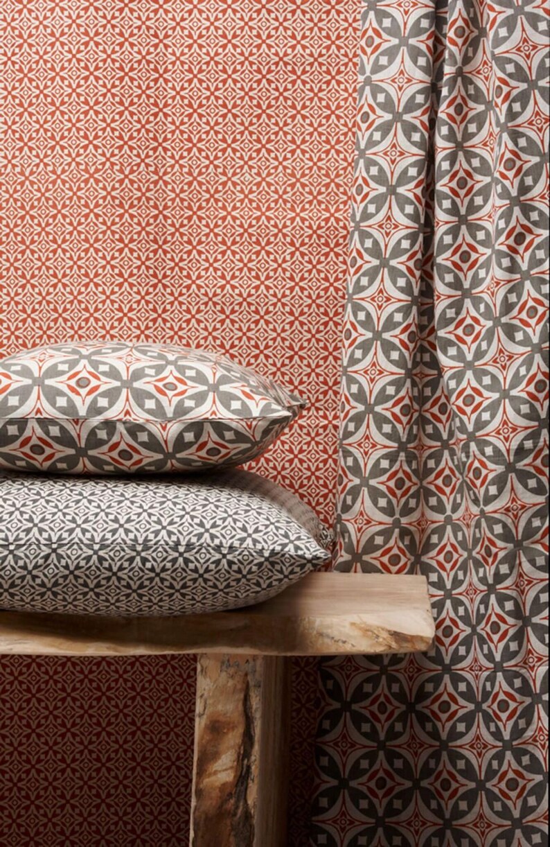 Elmas Charcoal Grey Indian Rust Cotton Flax Fabric Geometric Fabric Grey Fabric Mid Century Fabric Scandinavian Fabric Red Mid Century