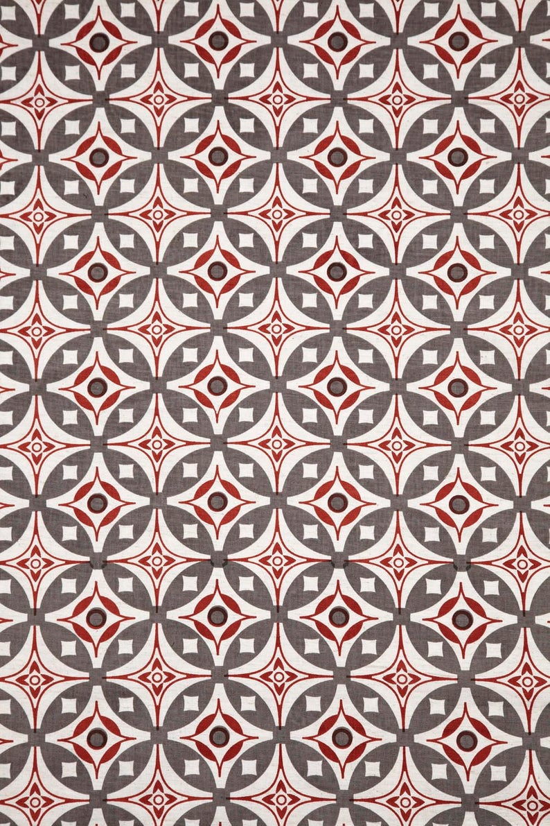Elmas Charcoal Grey Indian Rust Cotton Flax Fabric Geometric Fabric Grey Fabric Mid Century Fabric Scandinavian Fabric Red Mid Century