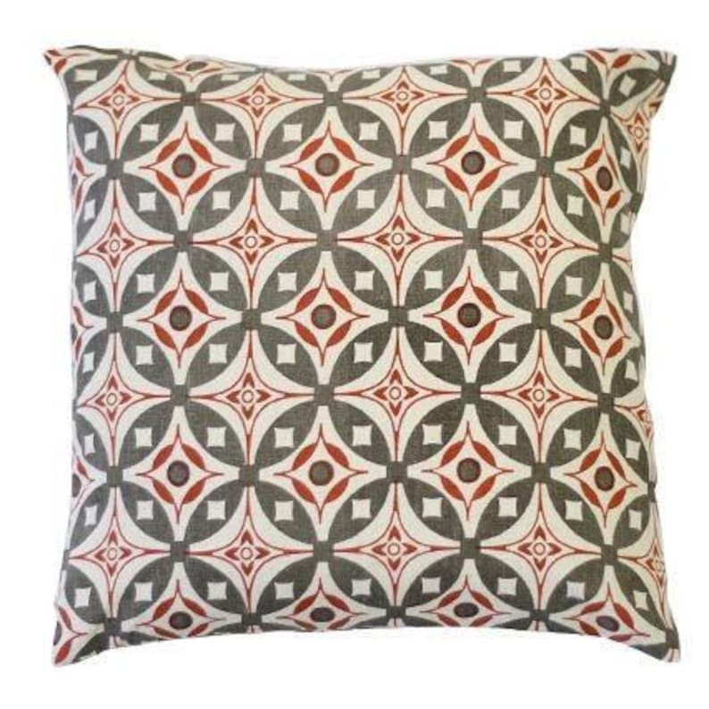 Elmas Charcoal Grey Indian Rust Cotton Flax Fabric Geometric Fabric Grey Fabric Mid Century Fabric Scandinavian Fabric Red Mid Century