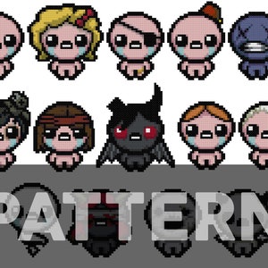 Puede incluir: Personajes de pixel art del videojuego "The Binding of Isaac: Rebirth". Todos los personajes están llorando y tienen diferentes tonos de piel y ropa. Los personajes están dispuestos en dos filas de ocho. Todos los personajes están en un estilo de pixel art.