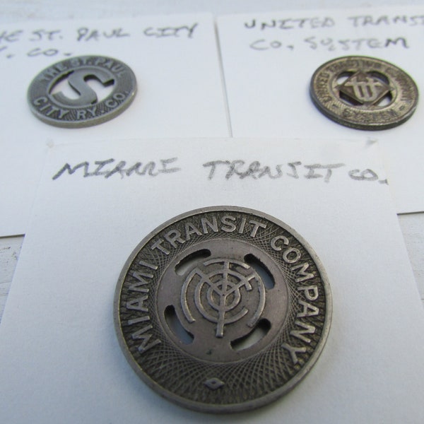 3 Transit tokens Miami transit Co , St Paul city RY Co., United Traction Co.