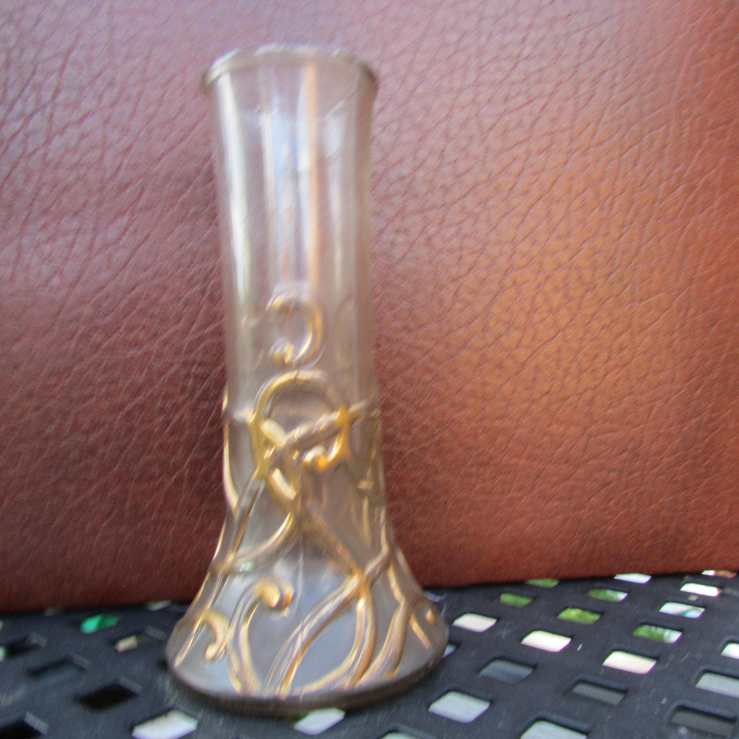 Gold Trim Bud Vase - 5” Tall - Unmarked Manganese Glass