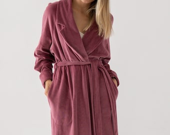 Luxurious floor length robe for woman Velvet 100% cotton Pale Fuchsia color