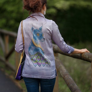 Womans Lilac shirt long sleeve with hand-painted animal print Cat Shirt from Silk natural Blouse for woman Classic shirt Lilac tunic tops