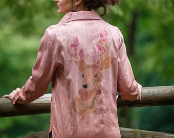 Watercolor Deer Silk shirt Vegan shirt Brown button down blouse silk top long sleeve blouse Silk shirt Batik fabric Deer antler Vegan top