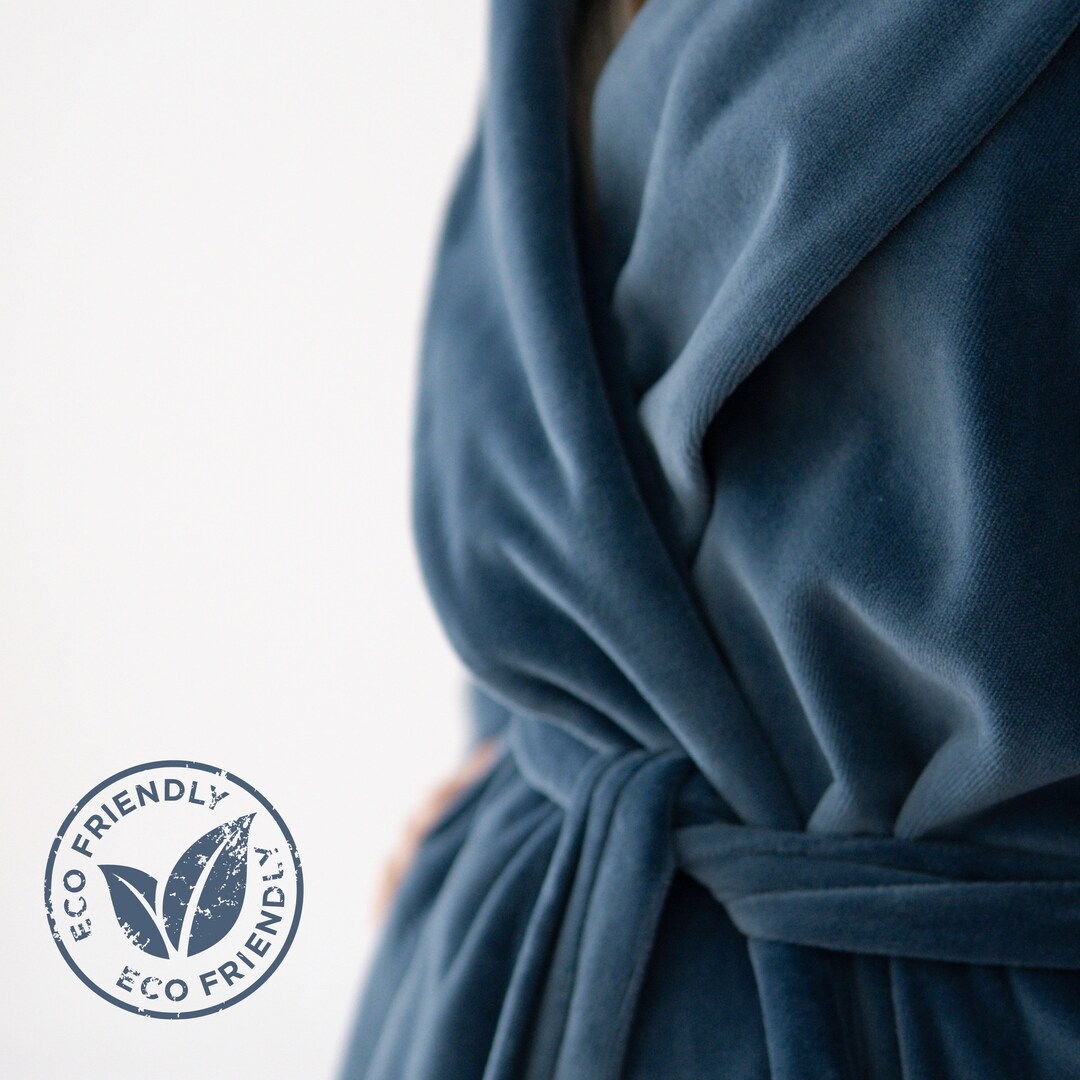 Long Blue Velvet Robe With Pockets Eco Cotton 100 Natural Etsy