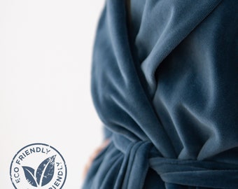 Long blue velvet robe with pockets Eco Cotton 100% natural