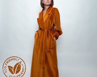 Long velvet robe with pockets Color of caramel Eco Cotton 100% natural