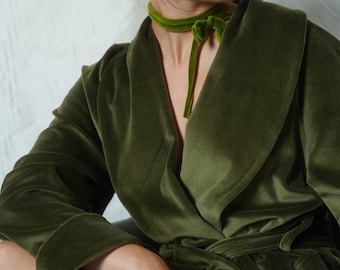 Long robe from organic cotton velvet / Green robe / dressing gown / Cotton robe / kimono robe / Custom robe / velvet robe