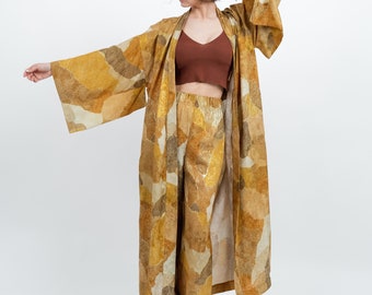 Luxury long kimono with pockets and belt Beach outfit Unisex Caramel - Mustard color