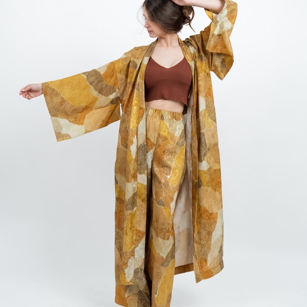 Kimono long de luxe avec poches et ceinture Tenue de plage Unisexe Caramel - Couleur moutarde