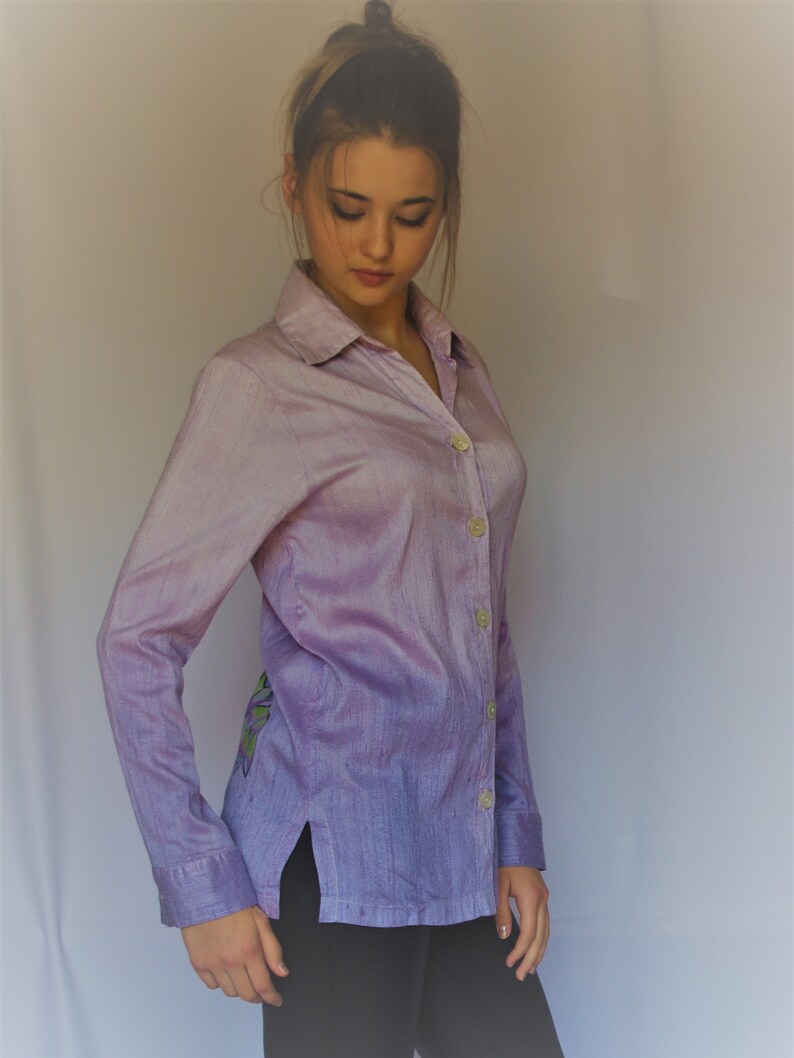 Womans Lilac shirt long sleeve with batik animal print Cat Shirt from Silk natural Blouse for woman Casual classic shirt Lilac tunic tops