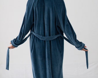Long Dressing gown Velvet robe color blue