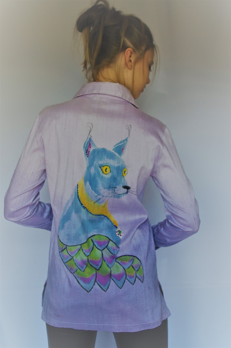 Womans Lilac shirt long sleeve with batik animal print Cat Shirt from Silk natural Blouse for woman Casual classic shirt Lilac tunic tops