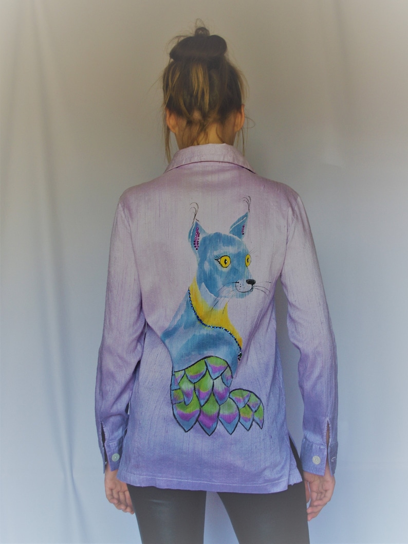 Womans Lilac shirt long sleeve with batik animal print Cat Shirt from Silk natural Blouse for woman Casual classic shirt Lilac tunic tops
