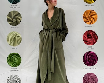 Long robe from organic cotton velvet / Green robe / dressing gown / Cotton robe / kimono robe / Custom robe / velvet robe