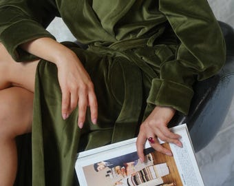 Long robe from organic cotton velvet / Green robe / dressing gown / Cotton robe / kimono robe / Custom robe / velvet robe