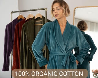 Organic Cotton Velor Robe – Turquoise dressing gown – Long Kimono Robe for Women – Loungewear – Gift for her Velvet Robe Priority shipping