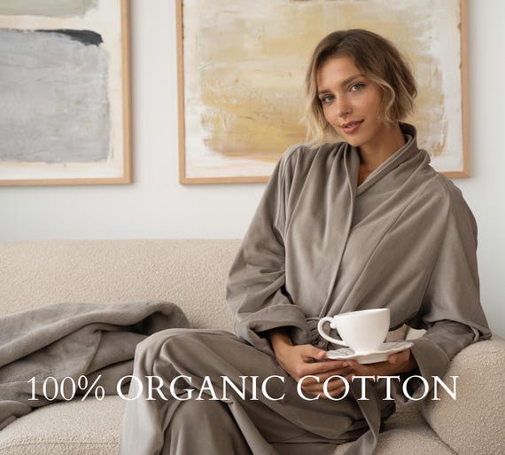 Long Cotton Velor Robe for Women - Ash Beige | Luxury Loungewear | Natural Fabric Bathrobe | Soft Neutral Dressing Gown | Handmade Long Cotton Velor Robe for Women - Ash Beige | Luxury Loungewear | Natural Fabric Bathrobe | Soft Neutral Dressing Gown | Handmade