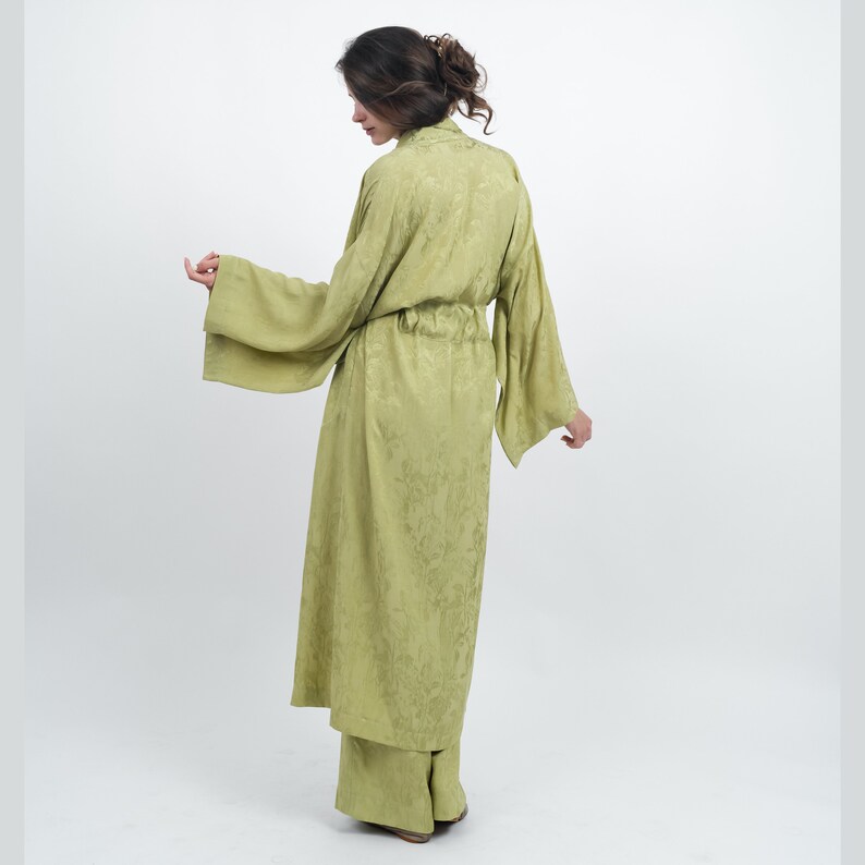 Long Kimono Robe From Organic Jacguard Dressing Gown Color Olive - Etsy