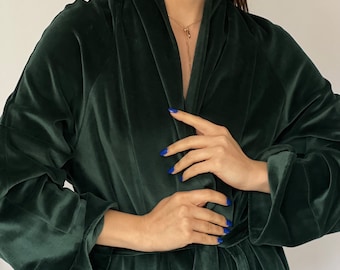 Vestaglia lunga bohémien in velluto di cotone biologico / Vestaglia verde / Vestaglia / Vestaglia di cotone / Vestaglia kimono / Vestaglia personalizzata / Vestaglia di velluto