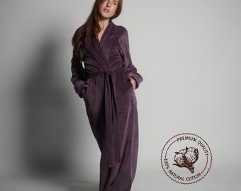Dressing gown from organic cotton Velvet Long robe for her Color Gray Plum
