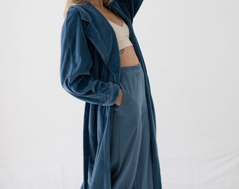 Long blue velvet robe with pockets Eco Cotton 100% natural