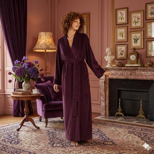 Könnte beinhalten: Eine lange, dunkelviolette Robe mit passendem Gürtel. Die Person befindet sich in einem Raum mit Kamin, antiken Möbeln und einem gemusterten Teppich. Der Raum hat eine Vintage-Ästhetik mit floralen Kunstwerken. Die Robe ist aus weichem Material.