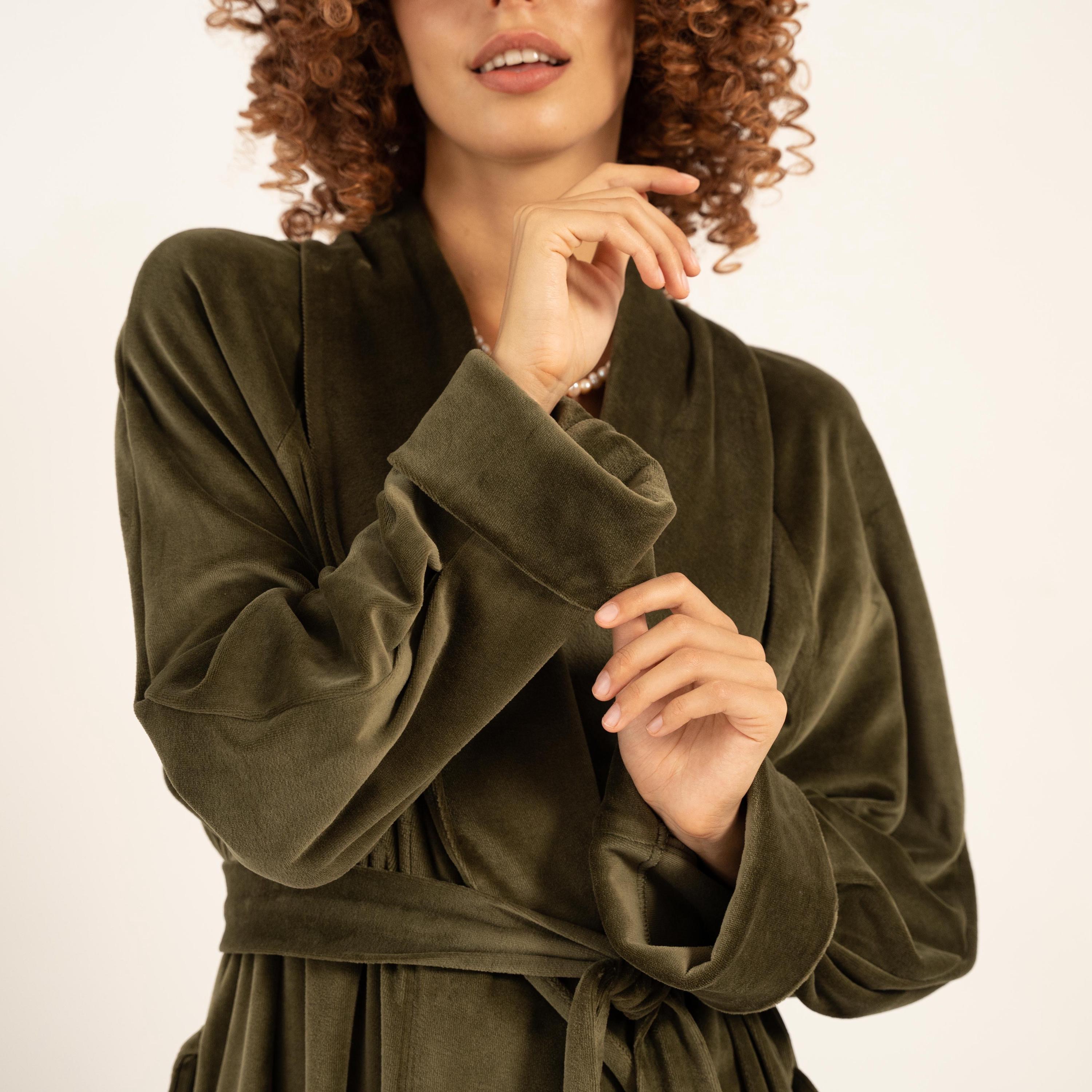 Luxury Organic Cotton Velvet Robe - Ivy Green Long Dressing Gown for Women - Elegant Loungewear - Soft Plush Housecoat - Gift for Her Luxury Organic Cotton Velvet Robe - Ivy Green Long Dressing Gown for Women - Elegant Loungewear - Soft Plush Housecoat - Gift for Her