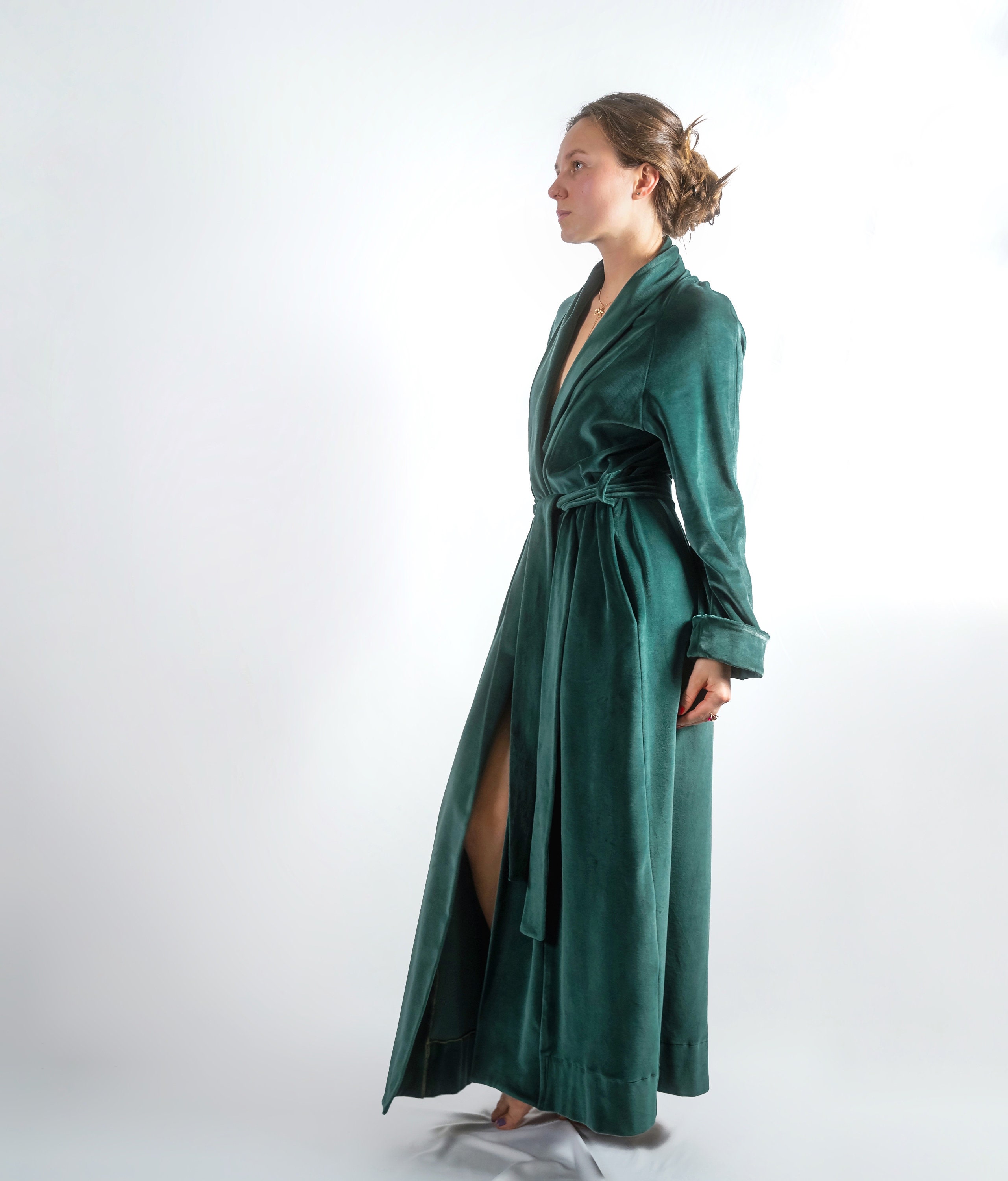 Bohemian Long Robe From Organic Cotton Velvet / Green Robe / Dressing ...