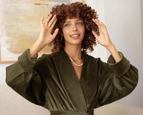 Luxury Organic Cotton Velvet Robe Green Long Dressing Gown for Women