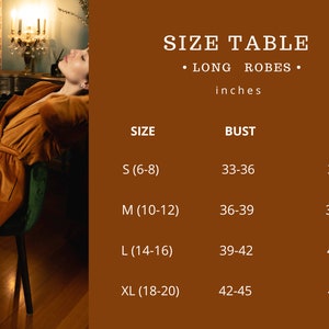 May include: Size chart for long robes in inches. The chart shows sizes S, M, L, and XL with corresponding bust and hip measurements.