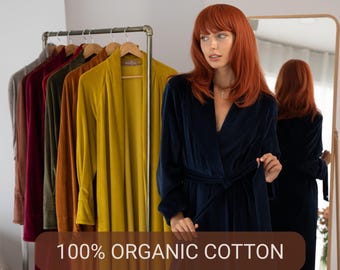 Long blue robe - Cotton robe - Custom robe - Dressing gown - Kimono robe - Floor lenght robe - Midniht blue velour dressing gown
