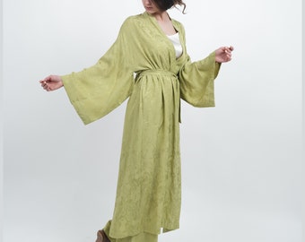 Long Kimono Robe from organic jacguard Dressing gown color olive