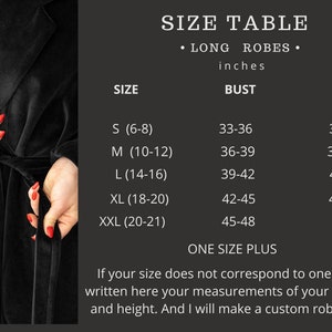 May include: Size chart for long robes in inches. The chart lists sizes S through XXL with corresponding bust and hip measurements.