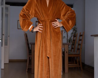 Long robe from organic cotton velvet velour dressing gown con boho collar
