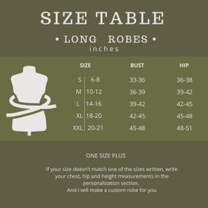 May include: Size chart for long robes, with bust and hip measurements in inches. Sizes range from S (6-8) to XXL (20-21). Includes a mannequin illustration and text: "ONE SIZE PLUS".