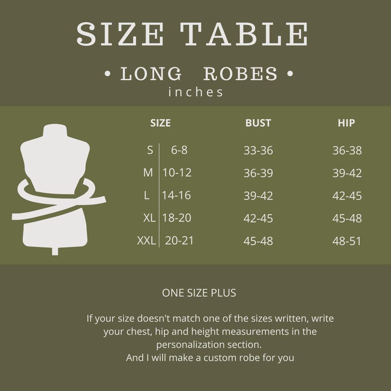 May include: Size chart for long robes, with bust and hip measurements in inches. Sizes range from S (6-8) to XXL (20-21). Includes a mannequin illustration and text: "ONE SIZE PLUS".