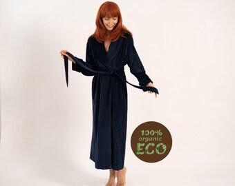 Long blue robe - Cotton robe - Custom robe - Dressing gown - Kimono robe - Floor lenght robe - Midniht blue velour dressing gown