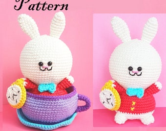 PATTERN ONLY PDF Download: White Rabbit & Tea Cup Crochet Pattern, Alice in Wonderland, Into the Looking Glass, Tea Party, Tea Time