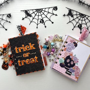 May include: Two spiral-bound notebooks. The left notebook has a black cover with a spiderweb pattern and the orange text trick or treat, adorned with orange and black beads. The right notebook has a pink floral cover with a skull and the word HAUNTED.