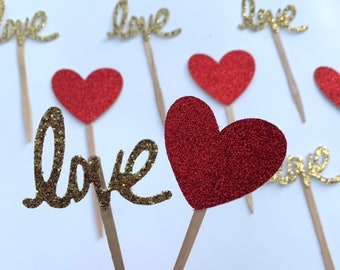 Valentine's Day cupcake toppers, Valentine's Day party Decorations, Red and Gold party decorations, Heart Cupcake toppers, Bridal Shower