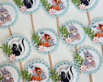 Ozdoby na babeczki Bambi, pierwsze urodziny Bambi, dekoracje urodzinowe Bambi, baby shower Bambi, kwiatowe dekoracje urodzinowe, ozdoby na pierwsze urodziny